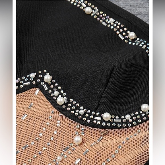 BLACK HEART SHAPED RHINESTONE PEARL NUDE MESH ONE SHOULDER FULL LENGTH GOWN XL - Picture 11 of 16